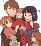  1boy 1girl black_hair blush brown_hair cape child elbow_gloves fire_emblem fire_emblem:_thracia_776 fred_(fire_emblem) gloves holding long_sleeves noshima olwen_(fire_emblem) open_mouth short_hair violet_eyes 