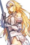  1girl armor armored_dress bangs blonde_hair blue_eyes breasts chains cleavage closed_mouth cowboy_shot fate/grand_order fate_(series) faulds flag fur_trim gauntlets headpiece large_breasts long_hair looking_at_viewer melon22 plackart ruler_(fate/apocrypha) smile solo thigh-highs very_long_hair 