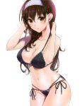  1girl absurdres bikini black_bikini breasts brown_eyes brown_hair cleavage collarbone cowboy_shot cropped detexted hair_over_shoulder hairband halterneck hand_in_hair highres kasumigaoka_utaha large_breasts lips long_hair multi-strapped_bikini musyasabu navel o-ring_bikini o-ring_top saenai_heroine_no_sodatekata scan side-tie_bikini simple_background solo string_bikini swimsuit white_background 