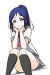  1girl blue_hair blush commentary elbows_on_knees highres icehotmilktea kneehighs long_hair looking_at_viewer love_live! love_live!_sunshine!! matsuura_kanan neckerchief pleated_skirt ponytail school_uniform serafuku sidelocks simple_background sitting skirt smile solo uranohoshi_school_uniform violet_eyes white_background 