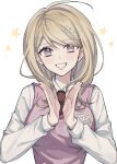  1girl :d ahoge akamatsu_kaede blonde_hair blush brown_neckwear dangan_ronpa eyebrows_visible_through_hair long_hair looking_at_viewer musical_note_hair_ornament necktie new_dangan_ronpa_v3 open_mouth pink_sweater shirt smile solo star sweater unagi_(515816703) upper_body violet_eyes white_background white_shirt 