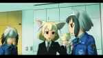  4girls alpaca_ears alpaca_suri_(kemono_friends) animal_ears bottle business_suit commentary_request common_raccoon_(kemono_friends) eyebrows_visible_through_hair fennec_(kemono_friends) formal fox_ears green_eyes hair_over_one_eye indoors kemono_friends multiple_girls necktie open_mouth police police_uniform raccoon_ears shin_godzilla shirt shoebill_(kemono_friends) short_hair suit tagme ueyama_michirou uniform water_bottle 