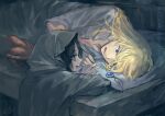 2boys absurdres ateka bed black_hair blonde_hair bread child crying fate/grand_order fate_(series) food gem highres jewelry kirschtaria_wodime lying multiple_boys on_side pino_(fate) torn_clothes