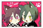  2boys ahoge animal_ears blush cat_ears cat_tail checkered_scarf dangan_ronpa mamiichi multiple_boys new_dangan_ronpa_v3 open_mouth ouma_kokichi paw_pose paw_print pink_background purple_hair saihara_shuuichi scarf tail violet_eyes yellow_eyes 