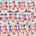  +_+ 1girl animal_ears breasts cleavage closed_eyes collarbone detached_sleeves expressionless fang fate/grand_order fate_(series) fox_ears fox_tail hair_ribbon highres japanese_clothes large_breasts long_hair looking_at_viewer open_mouth pink_hair ribbon sad smile solo tail tamamo_(fate)_(all) tamamo_no_mae_(fate) tears wuzao yellow_eyes 