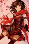  absurdres belt black_dress black_hair cape corset crescent_rose dress grey_eyes highres kaamin_(mariarose753) multicolored_hair petals red_cape redhead rose_petals ruby_rose rwby short_hair two-tone_hair 