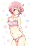  1girl arms_behind_back blush bra breasts closed_mouth collarbone contrapposto cowboy_shot eyebrows_visible_through_hair mel_(melty_pot) navel nonohara_yuzuko panties pink_bra pink_eyes pink_hair pink_panties polka_dot polka_dot_background short_hair simple_background small_breasts solo underwear underwear_only yuyushiki 