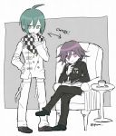  2boys black_hair checkered_scarf dangan_ronpa finger_to_mouth gakuran hand_on_hip mamiichi multiple_boys new_dangan_ronpa_v3 ouma_kokichi purple_hair saihara_shuuichi scarf school_uniform sitting straitjacket violet_eyes 