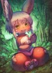  1girl :3 :d animal_ears barefoot bowl colored_eyelashes drooling dutch_angle food furry highres holding holding_bowl holding_spoon horizontal_pupils hrtyuk made_in_abyss nanachi_(made_in_abyss) on_ground open_mouth puffy_pants saliva short_hair_with_long_locks sitting smile solo steam stew tears topless whiskers white_hair wooden_spoon yellow_eyes 