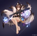  1girl absurdres animal_ears bangs bare_legs barefoot blue_fire brown_eyes brown_hair closed_mouth detached_sleeves feet fire fox_ears fox_tail full_body girls_frontline gun highres holding holding_gun holding_weapon japanese_clothes kimono kitsune legs_together light_smile magpul multiple_tails obi revision sash short_kimono sidelocks skull sleeveless sleeveless_kimono smile solo submachine_gun tail toes tsurime type_79_(girls_frontline) type_79_smg vectorek vertical_foregrip weapon white_kimono wolf_ears wolf_tail 