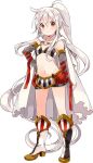  1girl blush boots bra breasts cape chiya_(urara_meirochou) cleavage detached_sleeves eyebrows_visible_through_hair floating_hair full_body hair_between_eyes hand_on_hip high_heel_boots high_heels high_ponytail knee_boots long_hair looking_at_viewer midriff navel official_art red_eyes red_shorts short_shorts shorts silver_hair small_breasts smile solo standing stomach striped striped_bra transparent_background underwear urara_meirochou very_long_hair white_cape 