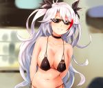  1girl arms_behind_back azur_lane bangs bikini black_bikini black_bow blurry bow breasts choker cleavage collarbone deal_with_it depth_of_field erect_nipples grin hair_between_eyes hair_bow hair_flaps highlights large_breasts long_hair mole mole_on_breast multicolored_hair navel parted_lips prinz_eugen_(azur_lane) redhead silver_hair smile solo sukemyon sunglasses swimsuit teeth two_side_up upper_body 