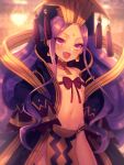  1girl :d blurry blurry_background breasts ceiling_light chandelier chinese_clothes collarbone commentary_request cowboy_shot crown curly_hair earrings eyebrows_visible_through_hair facial_mark fang fate/grand_order fate_(series) forehead_mark gold_trim groin hagoromo hands_on_hips hanfu jewelry light light_particles long_hair long_sleeves looking_at_viewer moe_(hamhamham) navel neck_ring open_mouth pelvic_curtain purple_hair purple_ribbon ribbon ribbon_bra shawl shiny shiny_hair shiny_skin sidelocks sleeves_past_wrists small_breasts smile solo standing stomach tassel tsurime very_long_hair violet_eyes wide_sleeves wu_zetian_(fate/grand_order) 