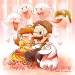  1boy 1girl :d anniversary artist_name blank_eyes blue_eyes blush boo_buddy brown_footwear brown_hair closed_eyes collar crown dated dog_collar dress earrings facial_hair fangs ghost hat hat_removed headwear_removed heart hetero jewelry kneeling looking_at_another luigi super_mario_bros. mustache omayu5463 open_mouth overalls princess_daisy puffy_short_sleeves puffy_sleeves short_sleeves sitting smile super_mario_bros. tongue tongue_out yellow_dress 