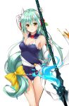  1girl absurdres aqua_hair arm_up blossomsa blue_swimsuit blush bow breasts choker cleavage cowboy_shot elbow_gloves erect_nipples eyebrows_visible_through_hair fate/grand_order fate_(series) floating_hair flower gloves gluteal_fold hair_between_eyes hair_bow hair_flower hair_ornament highres holding holding_weapon horns kiyohime_(fate/grand_order) kiyohime_(swimsuit_lancer)_(fate) long_hair looking_at_viewer one-piece_swimsuit polearm red_bow red_flower sideboob simple_background smile solo spear standing swimsuit very_long_hair weapon white_background white_gloves yellow_bow yellow_eyes 