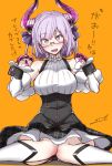  1girl bare_shoulders breasts cosplay eyebrows_visible_through_hair fate_(series) fate_grand_order frills fue_(rhomphair) glasses highres horns lancer_(fate/extra_ccc) lancer_(fate/extra_ccc)_(cosplay) looking_at_viewer medium_breasts open_mouth orange_background pink_eyes pink_hair shielder_(fate/grand_order) short_hair simple_background sitting smile solo translation_request wariza 