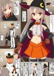  1girl admiral_(kantai_collection) blush cape comala_(komma_la) crescent_moon_symbol gloves halloween hat highres kantai_collection kikuzuki_(kantai_collection) military military_hat military_jacket military_uniform necktie pauldrons silver_hair skirt sleeves speech_bubble translation_request uniform 