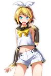  1girl absurdres bare_shoulders blonde_hair blush bow detached_sleeves fortissimo hair_bow hair_ornament hairclip headphones highres kagamine_rin kagamine_rin_(vocaloid4) leg_warmers light_particles midriff nail_polish navel sailor_collar see-through shirt short_hair shorts sleeveless sleeveless_shirt smile solo teeth transparent_sleeves tsukishiro_saika v4x vocaloid white_shorts yellow_nails 