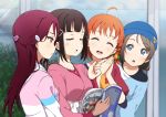  4girls :o ahoge bangs beanie black_hair blue_eyes blush braid brown_hair closed_eyes eyebrows_visible_through_hair hair_ornament hairclip hands_together hat highres hood hoodie icehotmilktea kurosawa_dia long_hair love_live! love_live!_sunshine!! magazine mole mole_under_mouth multiple_girls off_shoulder orange_hair pointing redhead sakurauchi_riko short_hair side_braid swept_bangs takami_chika upper_body watanabe_you yellow_eyes 