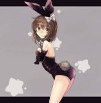  1girl alternate_costume alternate_headwear animal_ears black_leotard bow brown_hair bunny_tail bunnysuit elbow_gloves fake_animal_ears fake_tail hair_bow leotard looking_at_viewer rabbit_ears rin_falcon single_sidelock solo tail touhou usami_renko 