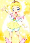  1girl :d arm_up bangs blonde_hair bloomers blue_eyes blush_stickers candy_(smile_precure!) choker commentary_request double_bun dress earrings eyebrows_visible_through_hair gem jewelry legs_apart looking_at_viewer open_mouth outstretched_arm precure puffy_short_sleeves puffy_sleeves royal_candy shiny shiny_hair short_dress short_hair short_sleeves smile smile_precure! solo sparkle sparkle_background standing tiara underwear white_neckwear white_wings wings wrist_cuffs yellow_background yellow_dress yuto_(dialique) 