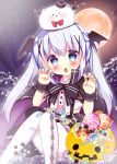  1girl :o angora_rabbit animal animal_on_head argyle argyle_legwear bangs bat_wings black_cape black_hat black_skirt black_wings blue_eyes blue_hair blush bow bunny_on_head candy candy_wrapper cape center_frills claw_pose collared_shirt commentary_request eyebrows_visible_through_hair fang food frills full_moon gochuumon_wa_usagi_desu_ka? hair_between_eyes hair_wings halloween halloween_basket hands_up hat head_tilt jack-o&#039;-lantern kafuu_chino lollipop long_hair looking_at_viewer midriff_peek mini_hat mini_top_hat moon night night_sky on_head pantyhose parted_lips rabbit red_bow rikatan shirt sidelocks sitting skirt sky star star_(sky) starry_sky suspender_skirt suspenders swirl_lollipop tippy_(gochiusa) top_hat twintails white_legwear white_shirt wings wrist_cuffs 