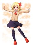  1girl :d alternate_costume black_skirt blonde_hair cardigan contemporary fang full_body hair_ribbon highres open_mouth outstretched_arms red_eyes ribbon rumia short_hair skirt smile spread_arms teoi_(good_chaos) touhou 