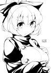  1girl :/ bangs blush bow breasts closed_mouth eyebrows_visible_through_hair fun_bo greyscale hair_bow hand_on_own_chest juliet_sleeves kurodani_yamame large_breasts long_sleeves looking_at_viewer monochrome puffy_sleeves short_hair simple_background solo touhou upper_body white_background 