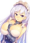  1girl azur_lane belfast_(azur_lane) blue_eyes blue_hair braid breasts chains cleavage collar collarbone commentary_request french_braid gauntlets kibanda_gohan large_breasts long_hair looking_at_viewer maid maid_headdress parted_lips silver_hair simple_background smile solo tagme white_background 
