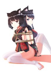  2girls absurdres animal_ears azur_lane black_hair blue_eyes bondage bound bound_arms brown_hair cat_ears fusou_(azur_lane) gan_(gameupnow) highres multiple_girls red_eyes rope shibari shibari_over_clothes sitting tied_together tied_up white_legwear yamashiro_(azur_lane) 