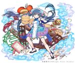  1girl arm_warmers baozi black_footwear black_sheos blue_eyes blue_hair broken bun_cover chair double_bun dress dumpling food full_body long_hair looking_at_viewer official_art paper_balloon shirako_miso shoumetsu_toshi_2 solo standing table thigh_strap twintails watermark 