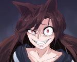  1girl animal_ears black_background brown_hair collarbone crazy_smile gesugao grin hakuro109 highres imaizumi_kagerou long_hair looking_at_viewer nose portrait red_eyes smile solo teeth touhou uneven_eyes wolf_ears 