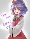  1girl absurdres commentary_request dress hair_ornament highres kushidama_minaka leaf_hair_ornament long_sleeves looking_at_viewer open_mouth purple_hair red_dress red_eyes rope short_hair solo touhou translation_request wide_sleeves yasaka_kanako younger 