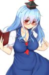  1girl bespectacled blue_hair blush book breasts cleavage collarbone commentary_request glasses hat highres holding holding_book kamishirasawa_keine large_breasts long_hair looking_at_viewer puffy_short_sleeves puffy_sleeves red_eyes short_sleeves smile solo tokoya_(ex-hetare) touhou 