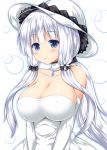  1girl azur_lane bare_shoulders blue_eyes blush breasts choker cleavage collarbone dress elbow_gloves erect_nipples gloves hair_ornament hat illustrious_(azur_lane) large_breasts long_hair looking_at_viewer nagana_sayui off-shoulder_dress off_shoulder simple_background smile solo sun_hat tri_tails v_arms white_background white_dress white_gloves white_hair 