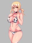  &gt;:/ 1girl :/ animal_print bangs bikini blonde_hair blush breasts choker cleavage closed_mouth cow_print cowboy_shot curvy fairy_tail groin halter_top halterneck hevn highres hip_bones hips large_breasts linea_alba looking_at_viewer low_twintails lucy_heartfilia navel print_bikini sidelocks solo stomach swimsuit thick_thighs thighs twintails wide_hips yellow_eyes 