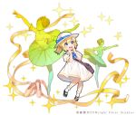  3girls :d bag ballerina ballet_slippers black_footwear blonde_hair blue_bow blue_eyes bow child dress faceless faceless_female handbag hat hat_bow multiple_girls official_art open_mouth plaid shirako_miso shoumetsu_toshi_2 smile solo_focus standing tiara tutu watermark white_dress white_hat white_legwear 