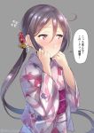  1girl akebono_(kantai_collection) animal_print bell fish_print flower flying_sweatdrops grey_background hair_bell hair_flower hair_ornament japanese_clothes jingle_bell juurouta kantai_collection kimono long_hair purple_hair side_ponytail simple_background solo translation_request upper_body very_long_hair violet_eyes white_kimono yukata 