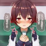  1girl blush brown_hair crescent crescent_moon_pin gradient_hair green_sailor_collar hands_on_own_chest jacket kantai_collection looking_at_viewer multicolored_hair mutsuki_(kantai_collection) neckerchief ootori_(kyoya-ohtori) pov red_eyes red_neckwear redhead remodel_(kantai_collection) sailor_collar school_uniform serafuku short_hair solo surprised translation_request upper_body 