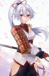  1girl armor breasts closed_mouth cowboy_shot fate/grand_order fate_(series) hair_between_eyes hair_ribbon headband hip_vent holding holding_sword holding_weapon hsiao japanese_armor japanese_clothes katana long_hair looking_at_viewer oni_horns ponytail red_eyes ribbon silver_hair small_breasts solo sword tomoe_gozen_(fate/grand_order) weapon 