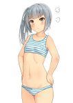  1girl angry blue_bra blue_panties bra brown_eyes cowboy_shot flat_chest hands_on_hips highres kantai_collection kasumi_(kantai_collection) long_hair panties side_ponytail silver_hair simple_background soil_chopsticks solo sports_bra striped striped_bra striped_panties underwear white_background 