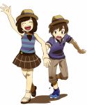  1boy 1girl alternate_costume bangs black_hair closed_eyes hand_holding hat highres mizuki_(pokemon_sm) open_mouth pants pleated_skirt pokemon pokemon_(game) pokemon_sm sandals shirt short_hair skirt smile striped striped_shirt swept_bangs t-shirt tshr you_(pokemon_sm) 