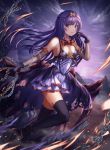  1girl absurdres black_legwear bow breasts chains cleavage dress full_body gloves hair_ornament hand_up highres long_hair looking_at_viewer medium_breasts nani_(goodrich) open_mouth original outdoors purple purple_dress purple_gloves purple_hair purple_sky red_bow thigh-highs violet_eyes 