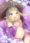  1girl absurdres ahoge blush cape circlet fire_emblem fire_emblem:_kakusei fire_emblem_heroes gloves green_hair halloween hat highres long_hair mamkute mirin. navel nowi_(fire_emblem) open_mouth pointy_ears smile solo violet_eyes witch 