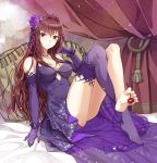  1girl bangs bed_sheet between_toes blush breasts brown_hair cherry curtains dress elbow_gloves eyebrows_visible_through_hair fate/grand_order fate_(series) flower food fruit gloves hair_between_eyes hair_flower hair_ornament highres indoors jh legs_crossed light_smile long_hair looking_at_viewer medium_breasts on_bed parted_lips pillow purple_dress purple_flower purple_gloves scathach_(fate/grand_order) single_thighhigh sitting smile soles solo thigh-highs thighs tiara violet_eyes 