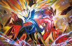  2015 blue_eyes commentary_request no_humans official_art open_mouth pokemon pokemon_(creature) pokemon_(game) pokemon_card pokemon_trading_card_game tokiya watermark xerneas yveltal 