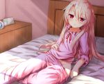  1girl arm_support baram bed_sheet blonde_hair calendar_(object) fate/kaleid_liner_prisma_illya fate_(series) hair_between_eyes half-closed_eyes illyasviel_von_einzbern indoors long_hair long_sleeves looking_at_viewer no_panties on_bed pajamas pajamas_pull pillow reclining red_eyes red_ribbon ribbon sidelocks sitting solo sunlight 