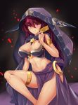  1girl absurdres armlet bangs bare_shoulders breasts card cowboy_shot fate/grand_order fate_(series) highres large_breasts long_hair looking_at_viewer navel parted_lips pelvic_curtain purple_hair red_eyes scathach_(fate/grand_order) smile solo stomach thighlet veil youl 