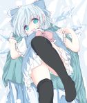  1girl black_legwear blue_bow blue_dress blue_eyes blue_hair bow bowtie cirno dress hair_bow ice ice_wings inasa_orange looking_at_viewer lying on_back panties pantyshot pantyshot_(lying) red_neckwear solo striped striped_panties thigh-highs touhou underwear wings 