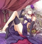  1girl bangs bare_shoulders black_gloves blue_dress breasts collarbone curtains dress elbow_gloves eyebrows_visible_through_hair fate/grand_order fate_(series) flower food fruit gloves grapes grey_eyes grey_hair hair_flower hair_ornament highres holding jeanne_alter jh legs_crossed long_hair looking_at_viewer medium_breasts parted_lips pillow purple_flower ruler_(fate/apocrypha) single_thighhigh solo thigh-highs thighs tsurime very_long_hair wavy_hair yellow_eyes 